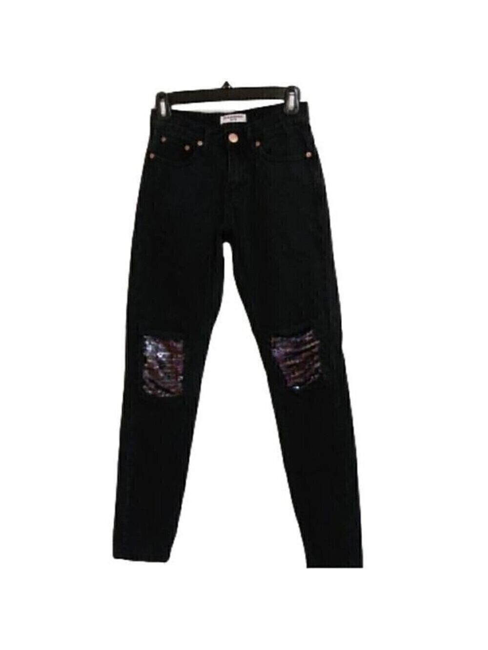 Glamorous High Waist Skinny Jeans 4 Petite Sequin Patch Distressed